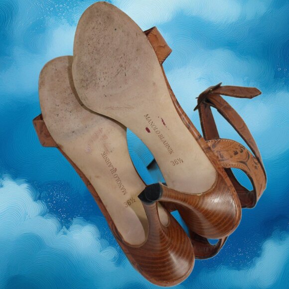 Manolo Blahnik Embossed leather Ankle Wrap Peep Toe Stiletto Sandal, Size 36.5 - Picture 9 of 9